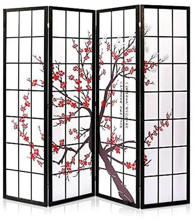 Main image of SereneLife Japanese Screen Room Divider - Portable Freestanding Classic Indoor Decorative 4-Panel Separator, Folding Privacy, Dressing Area, Office, Elegant Plum Blossom Design