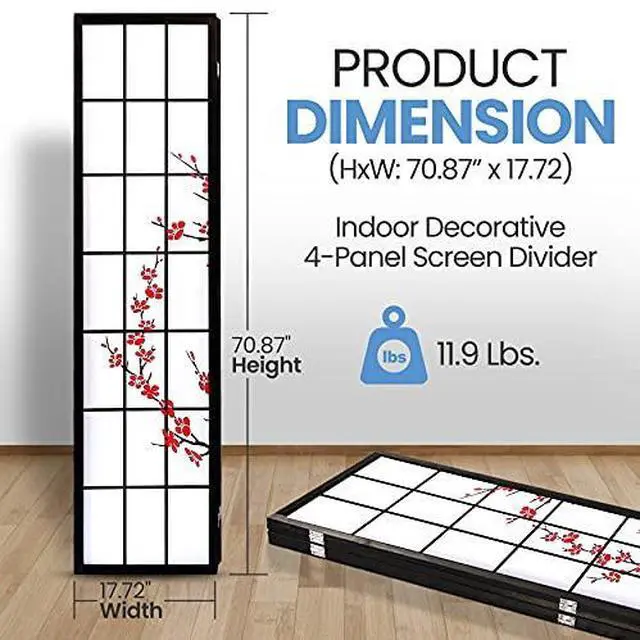 Alt view image 2 of 7 - SereneLife Japanese Screen Room Divider - Portable Freestanding Classic Indoor Decorative 4-Panel Separator, Folding Privacy, Dressing Area, Office, Elegant Plum Blossom Design