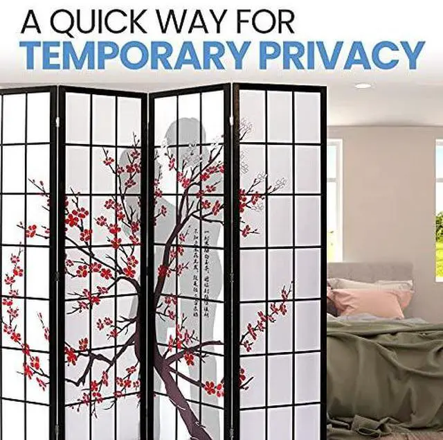 Alt view image 4 of 7 - SereneLife Japanese Screen Room Divider - Portable Freestanding Classic Indoor Decorative 4-Panel Separator, Folding Privacy, Dressing Area, Office, Elegant Plum Blossom Design