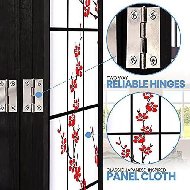 Alt view image 5 of 7 - SereneLife Japanese Screen Room Divider - Portable Freestanding Classic Indoor Decorative 4-Panel Separator, Folding Privacy, Dressing Area, Office, Elegant Plum Blossom Design