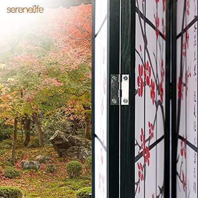 Alt view image 6 of 7 - SereneLife Japanese Screen Room Divider - Portable Freestanding Classic Indoor Decorative 4-Panel Separator, Folding Privacy, Dressing Area, Office, Elegant Plum Blossom Design