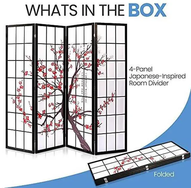 Alt view image 7 of 7 - SereneLife Japanese Screen Room Divider - Portable Freestanding Classic Indoor Decorative 4-Panel Separator, Folding Privacy, Dressing Area, Office, Elegant Plum Blossom Design