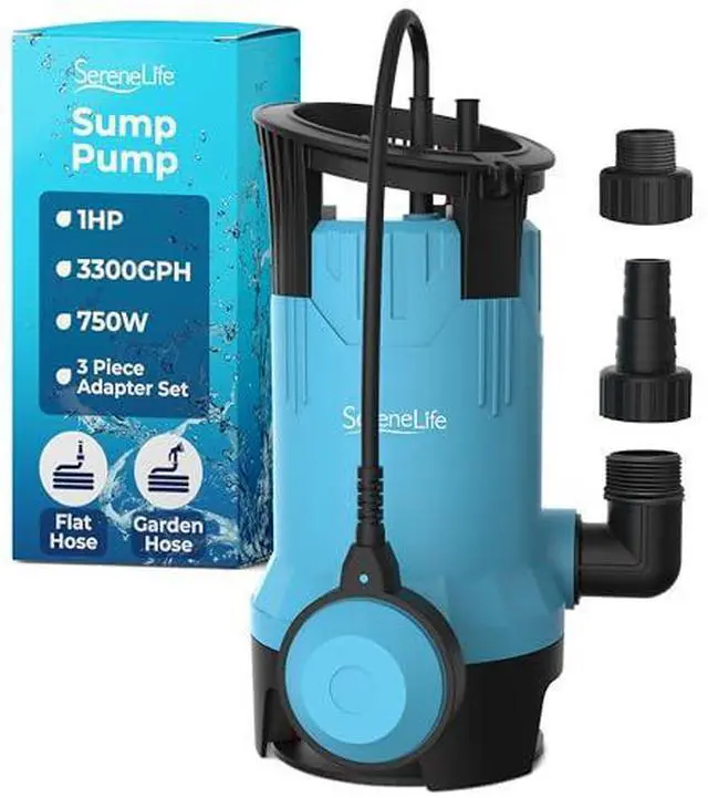 Main image of SereneLife 1HP Sump Pump Submersible, 3300GPH Water Pump for Pool Draining with Auto Float Switch, 3pc Adapter Set for USA Garden and Flat Hose, 16ft Cord, Clean Dirty Water, Yard, Pool, Tub, Pond