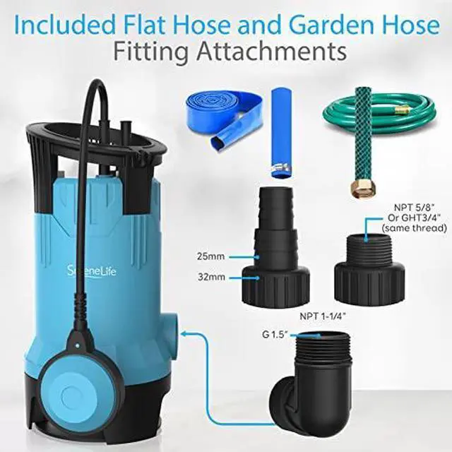 Alt view image 2 of 7 - SereneLife 1HP Sump Pump Submersible, 3300GPH Water Pump for Pool Draining with Auto Float Switch, 3pc Adapter Set for USA Garden and Flat Hose, 16ft Cord, Clean Dirty Water, Yard, Pool, Tub, Pond