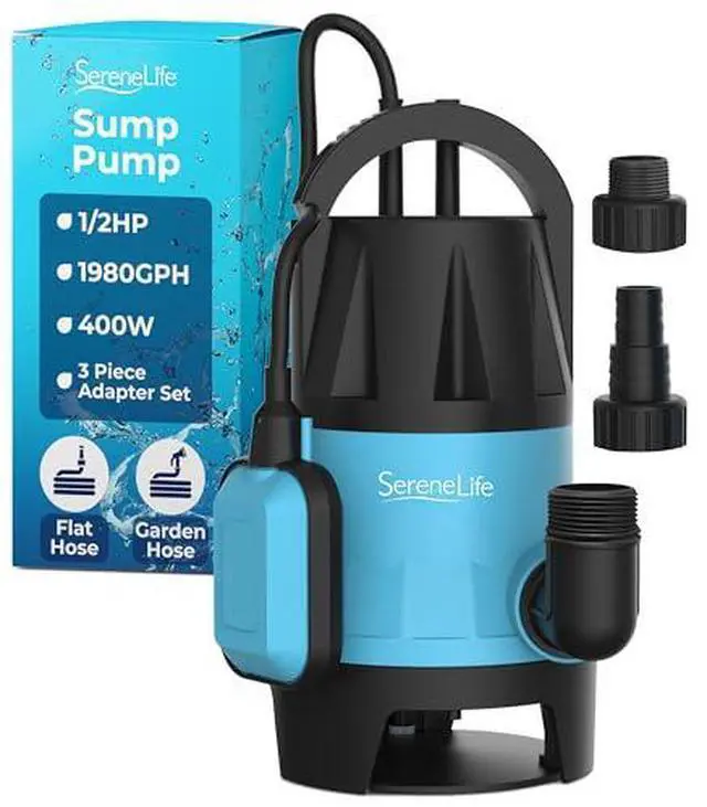 Main image of SereneLife 1/2HP Sump Pump Submersible, 1980GPH Water Pump for Pool Draining with Auto Float Switch, 3pc Adapter Set for USA Garden and Flat Hose, 16ft Cord, Clean Dirty Water, Yard, Pool, Tub, Pond
