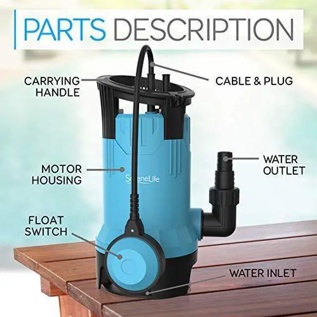 Alt view image 6 of 7 - SereneLife 1HP Sump Pump Submersible, 3300GPH Water Pump for Pool Draining with Auto Float Switch, 3pc Adapter Set for USA Garden and Flat Hose, 16ft Cord, Clean Dirty Water, Yard, Pool, Tub, Pond