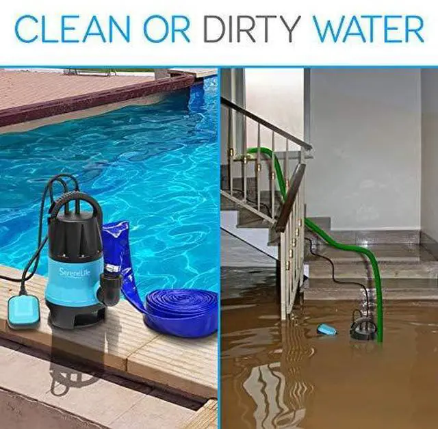 Alt view image 4 of 7 - SereneLife 1/2HP Sump Pump Submersible, 1980GPH Water Pump for Pool Draining with Auto Float Switch, 3pc Adapter Set for USA Garden and Flat Hose, 16ft Cord, Clean Dirty Water, Yard, Pool, Tub, Pond