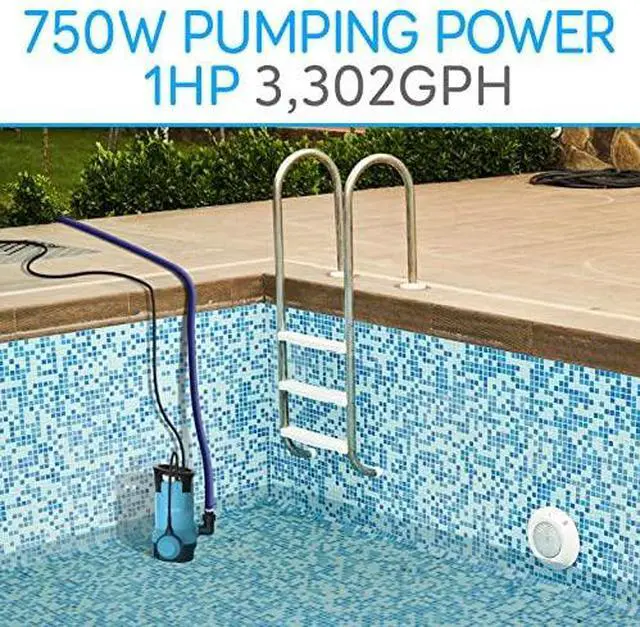 Alt view image 3 of 7 - SereneLife 1HP Sump Pump Submersible, 3300GPH Water Pump for Pool Draining with Auto Float Switch, 3pc Adapter Set for USA Garden and Flat Hose, 16ft Cord, Clean Dirty Water, Yard, Pool, Tub, Pond