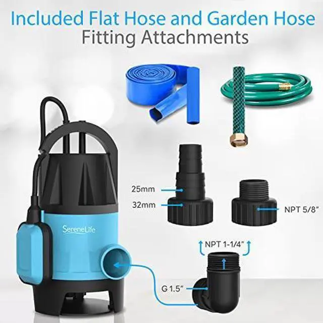 Alt view image 2 of 7 - SereneLife 1/2HP Sump Pump Submersible, 1980GPH Water Pump for Pool Draining with Auto Float Switch, 3pc Adapter Set for USA Garden and Flat Hose, 16ft Cord, Clean Dirty Water, Yard, Pool, Tub, Pond