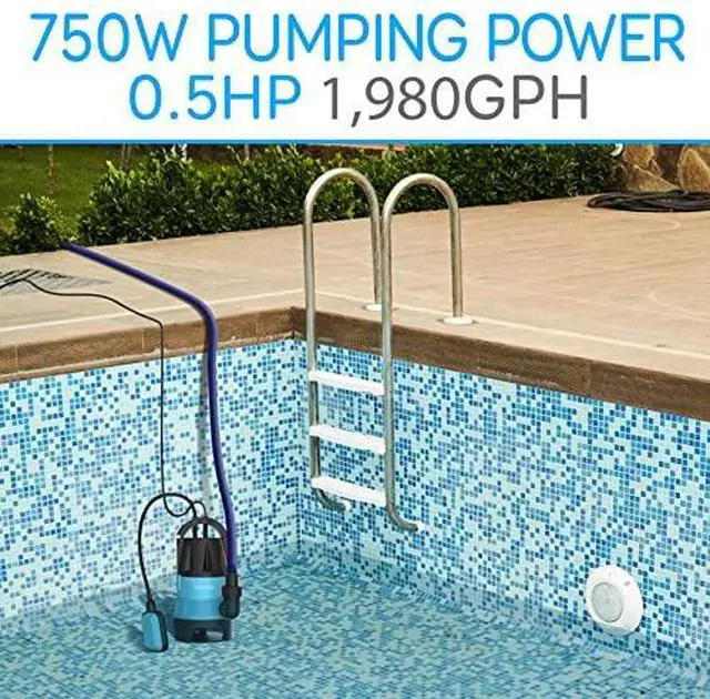 Alt view image 6 of 7 - SereneLife 1/2HP Sump Pump Submersible, 1980GPH Water Pump for Pool Draining with Auto Float Switch, 3pc Adapter Set for USA Garden and Flat Hose, 16ft Cord, Clean Dirty Water, Yard, Pool, Tub, Pond