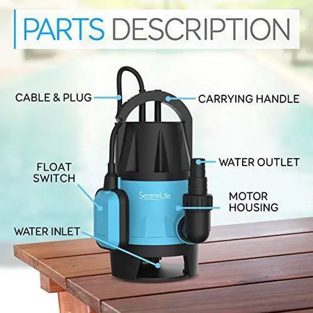 Alt view image 7 of 7 - SereneLife 1/2HP Sump Pump Submersible, 1980GPH Water Pump for Pool Draining with Auto Float Switch, 3pc Adapter Set for USA Garden and Flat Hose, 16ft Cord, Clean Dirty Water, Yard, Pool, Tub, Pond
