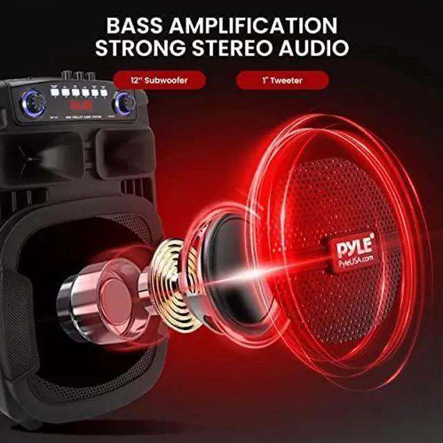 Alt view image 2 of 7 - Pyle Portable Bluetooth PA Speaker System - 800W 12 Inch Outdoor Speaker with Built-In Party Lights - USB/SD Card Reader, FM Radio, Extendable Handle w/ Wheels - Includes Wired Microphone & Remote