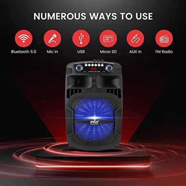 Alt view image 3 of 7 - Pyle Portable Bluetooth PA Speaker System - 800W 12 Inch Outdoor Speaker with Built-In Party Lights - USB/SD Card Reader, FM Radio, Extendable Handle w/ Wheels - Includes Wired Microphone & Remote