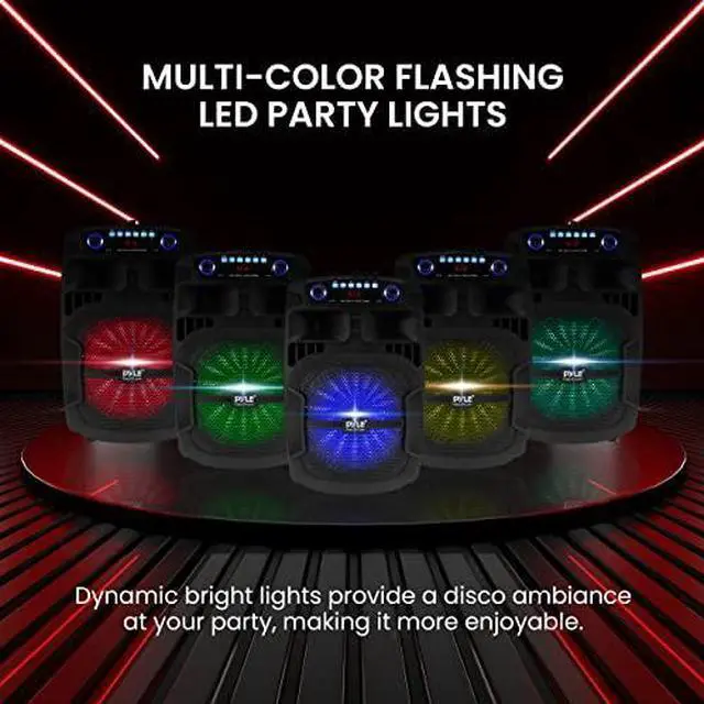 Alt view image 4 of 7 - Pyle Portable Bluetooth PA Speaker System - 800W 12 Inch Outdoor Speaker with Built-In Party Lights - USB/SD Card Reader, FM Radio, Extendable Handle w/ Wheels - Includes Wired Microphone & Remote