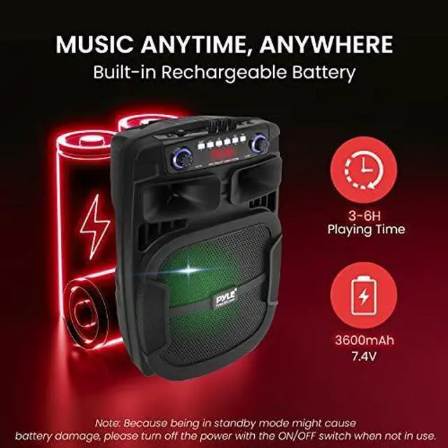 Alt view image 5 of 7 - Pyle Portable Bluetooth PA Speaker System - 800W 12 Inch Outdoor Speaker with Built-In Party Lights - USB/SD Card Reader, FM Radio, Extendable Handle w/ Wheels - Includes Wired Microphone & Remote