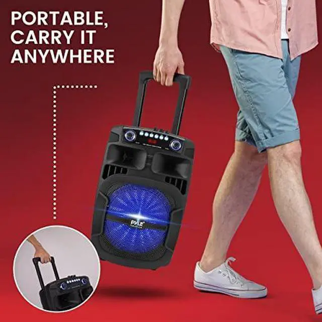 Alt view image 6 of 7 - Pyle Portable Bluetooth PA Speaker System - 800W 12 Inch Outdoor Speaker with Built-In Party Lights - USB/SD Card Reader, FM Radio, Extendable Handle w/ Wheels - Includes Wired Microphone & Remote