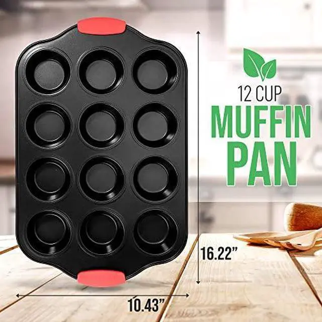 Alt view image 2 of 6 - Nutrichef 12 Cup Muffin Pan, Durable and Nonstick Carbon Steel Bake Pan with Silicone Handles, Kitchen Essential Cupcake Pan, Stain Resistant, Easy Clean, PFOA, PFOS, PTFE Free, 16.22'' x 10.43''