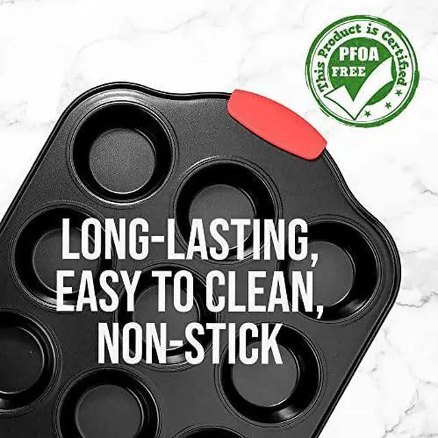 Alt view image 3 of 6 - Nutrichef 12 Cup Muffin Pan, Durable and Nonstick Carbon Steel Bake Pan with Silicone Handles, Kitchen Essential Cupcake Pan, Stain Resistant, Easy Clean, PFOA, PFOS, PTFE Free, 16.22'' x 10.43''