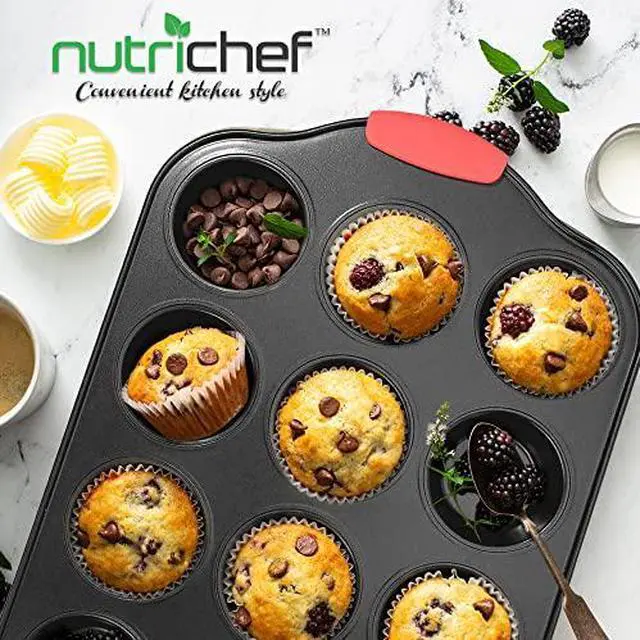 Alt view image 4 of 6 - Nutrichef 12 Cup Muffin Pan, Durable and Nonstick Carbon Steel Bake Pan with Silicone Handles, Kitchen Essential Cupcake Pan, Stain Resistant, Easy Clean, PFOA, PFOS, PTFE Free, 16.22'' x 10.43''