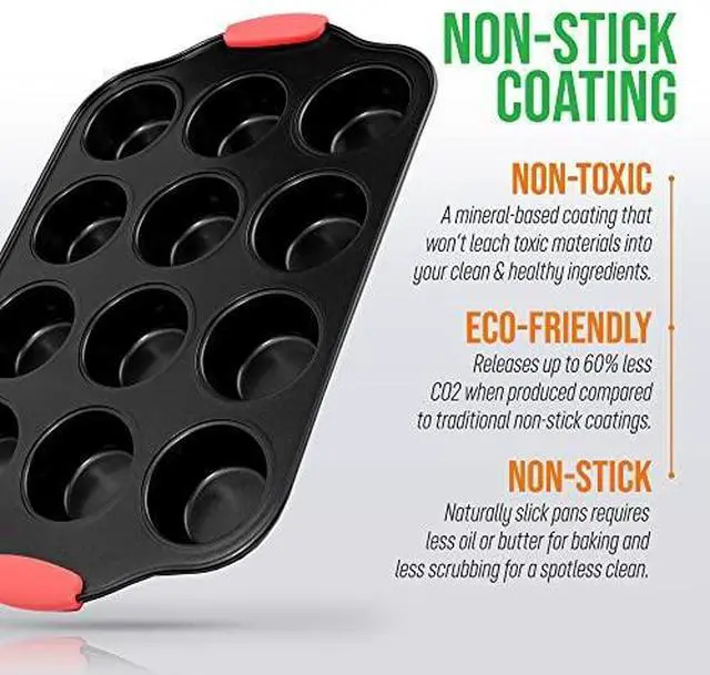 Alt view image 6 of 6 - Nutrichef 12 Cup Muffin Pan, Durable and Nonstick Carbon Steel Bake Pan with Silicone Handles, Kitchen Essential Cupcake Pan, Stain Resistant, Easy Clean, PFOA, PFOS, PTFE Free, 16.22'' x 10.43''