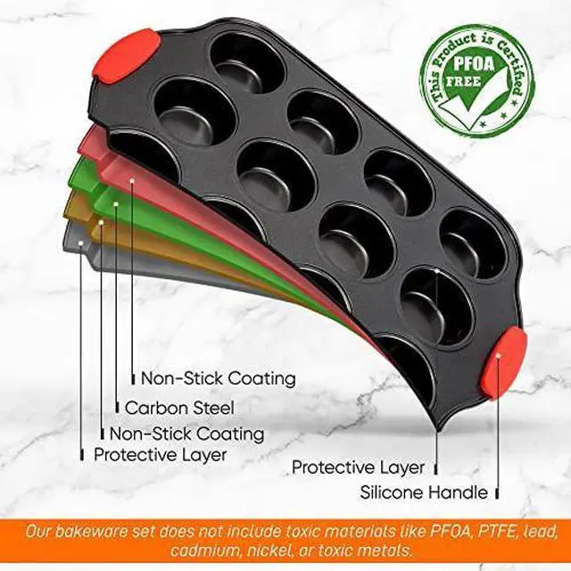 Alt view image 5 of 6 - Nutrichef 12 Cup Muffin Pan, Durable and Nonstick Carbon Steel Bake Pan with Silicone Handles, Kitchen Essential Cupcake Pan, Stain Resistant, Easy Clean, PFOA, PFOS, PTFE Free, 16.22'' x 10.43''