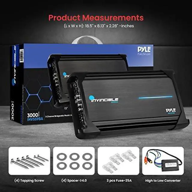 Alt view image 2 of 7 - Pyle 18 Class AB Mosfet Amplifier - Invincible Series Bridgeable Amp, 5 Channel 3000 Watts Max, Mosfet PWM Power Supply, High-Current Dual Discrete Drive Stages, Wireless BT Audio Interface