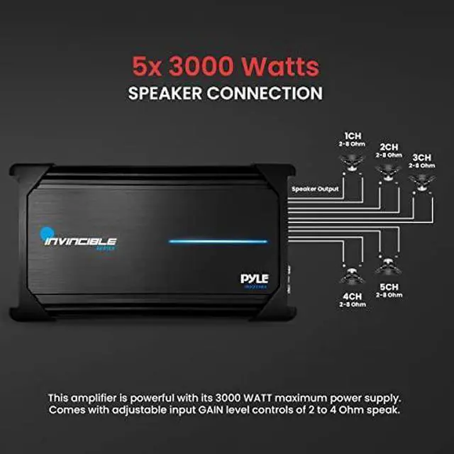 Alt view image 4 of 7 - Pyle 18 Class AB Mosfet Amplifier - Invincible Series Bridgeable Amp, 5 Channel 3000 Watts Max, Mosfet PWM Power Supply, High-Current Dual Discrete Drive Stages, Wireless BT Audio Interface