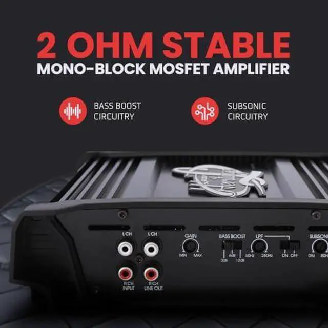 Alt view image 4 of 7 - Lanzar 2000W Monoblock Car Audio Amp - 2-Ohm Stable Mosfet Amplifier, Class AB, Electronic Crossover, Bass Boost, Subsonic Circuit, Chrome RCA Inputs, Line Output, 5-Way Protection - Soft Turn On/Off