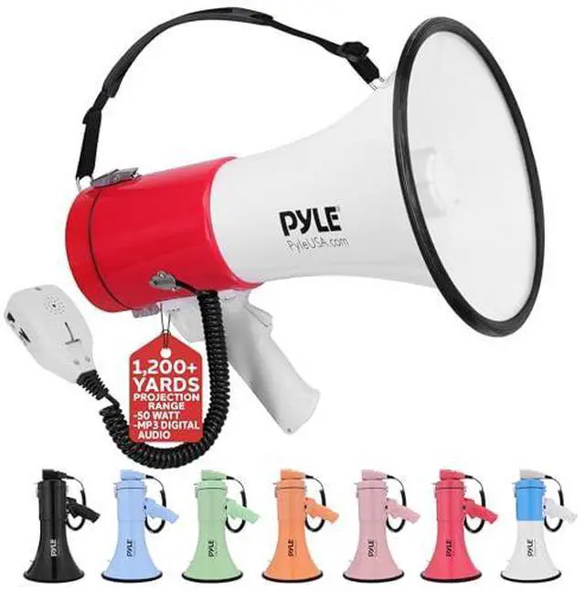 Main image of Pyle 50W Megaphone Bullhorn - Portable, Automatic Siren & Adjustable Volume,Projection Range Up to 1200 Square Yards, Aux Input, Talk, Siren, Music, Whistle, & Record, Shoulder Strap (White-Red)