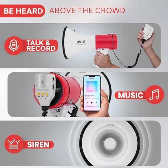 Alt view image 3 of 7 - Pyle 50W Megaphone Bullhorn - Portable, Automatic Siren & Adjustable Volume,Projection Range Up to 1200 Square Yards, Aux Input, Talk, Siren, Music, Whistle, & Record, Shoulder Strap (White-Red)