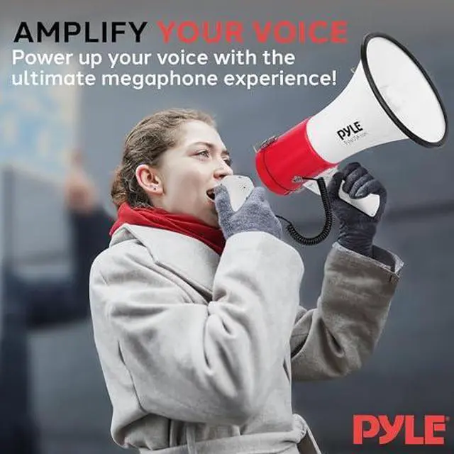 Alt view image 6 of 7 - Pyle 50W Megaphone Bullhorn - Portable, Automatic Siren & Adjustable Volume,Projection Range Up to 1200 Square Yards, Aux Input, Talk, Siren, Music, Whistle, & Record, Shoulder Strap (White-Red)