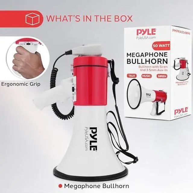 Alt view image 7 of 7 - Pyle 50W Megaphone Bullhorn - Portable, Automatic Siren & Adjustable Volume,Projection Range Up to 1200 Square Yards, Aux Input, Talk, Siren, Music, Whistle, & Record, Shoulder Strap (White-Red)