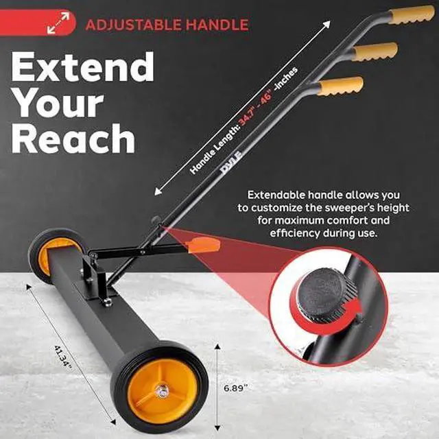 Alt view image 3 of 7 - Pyle 36" Rolling Magnetic Sweeper with Adjustable Handle - Strong and Durable Metal Construction Heavy-Duty Cleaning/Metal Pickup for Industrial and Commercial Use (Black and Orange)