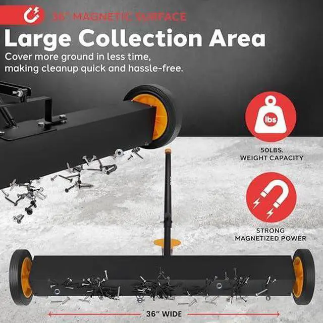 Alt view image 5 of 7 - Pyle 36" Rolling Magnetic Sweeper with Adjustable Handle - Strong and Durable Metal Construction Heavy-Duty Cleaning/Metal Pickup for Industrial and Commercial Use (Black and Orange)