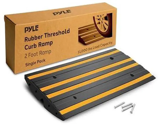 Main image of Pyle 2 Ft. Rubber Threshold Curb Ramp, Heavy Duty, Non-Slip, Marine Grade Waterproof, Green Reflective Strip, Single Driveway Ramp for Vehicles, RVs, and Wheelchairs, 24.0x16.0x2.6Inches