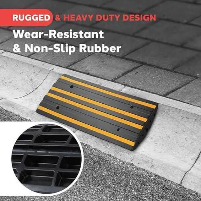 Alt view image 3 of 7 - Pyle 2 Ft. Rubber Threshold Curb Ramp, Heavy Duty, Non-Slip, Marine Grade Waterproof, Green Reflective Strip, Single Driveway Ramp for Vehicles, RVs, and Wheelchairs, 24.0x16.0x2.6Inches