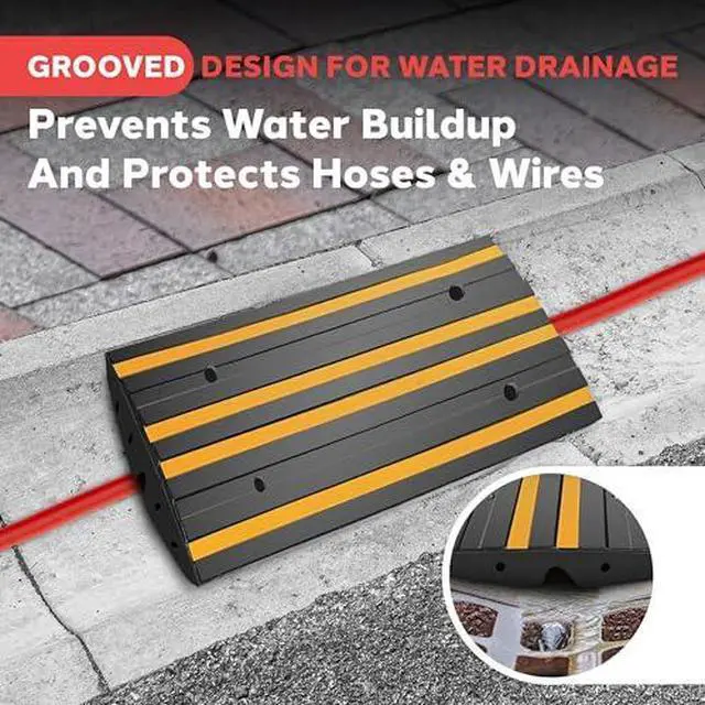 Alt view image 6 of 7 - Pyle 2 Ft. Rubber Threshold Curb Ramp, Heavy Duty, Non-Slip, Marine Grade Waterproof, Green Reflective Strip, Single Driveway Ramp for Vehicles, RVs, and Wheelchairs, 24.0x16.0x2.6Inches