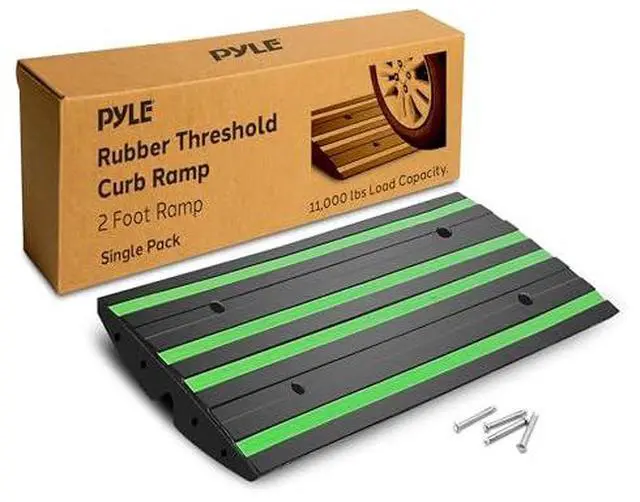 Main image of Pyle 2 Ft. Rubber Threshold Curb Ramp for Driveway - Heavy Duty Non-Slip Ramp for Vehicles - Green Reflective Strip, Marine Grade Waterproof, Ideal for Driveways & Sidewalks, 24.0"x16.0"x2.6" Inches