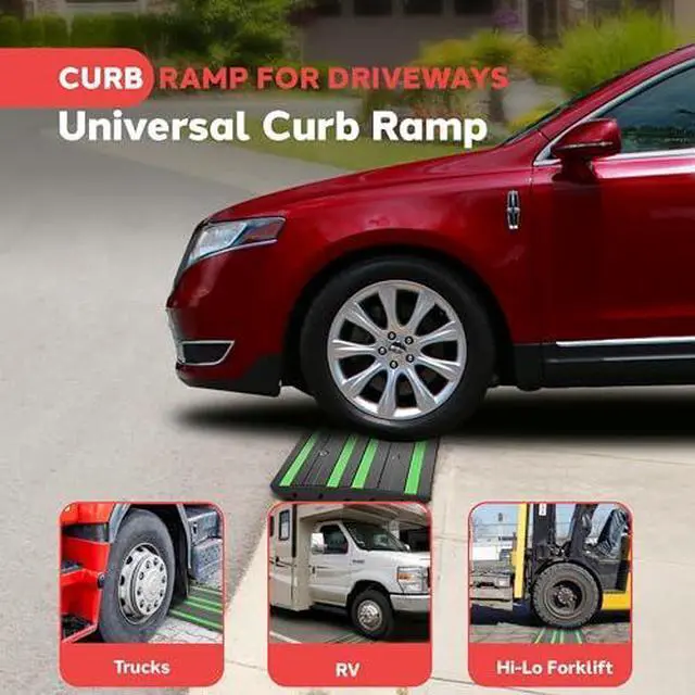 Alt view image 4 of 7 - Pyle 2 Ft. Rubber Threshold Curb Ramp for Driveway - Heavy Duty Non-Slip Ramp for Vehicles - Green Reflective Strip, Marine Grade Waterproof, Ideal for Driveways & Sidewalks, 24.0"x16.0"x2.6" Inches