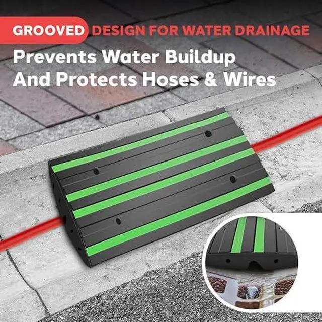 Alt view image 6 of 7 - Pyle 2 Ft. Rubber Threshold Curb Ramp for Driveway - Heavy Duty Non-Slip Ramp for Vehicles - Green Reflective Strip, Marine Grade Waterproof, Ideal for Driveways & Sidewalks, 24.0"x16.0"x2.6" Inches