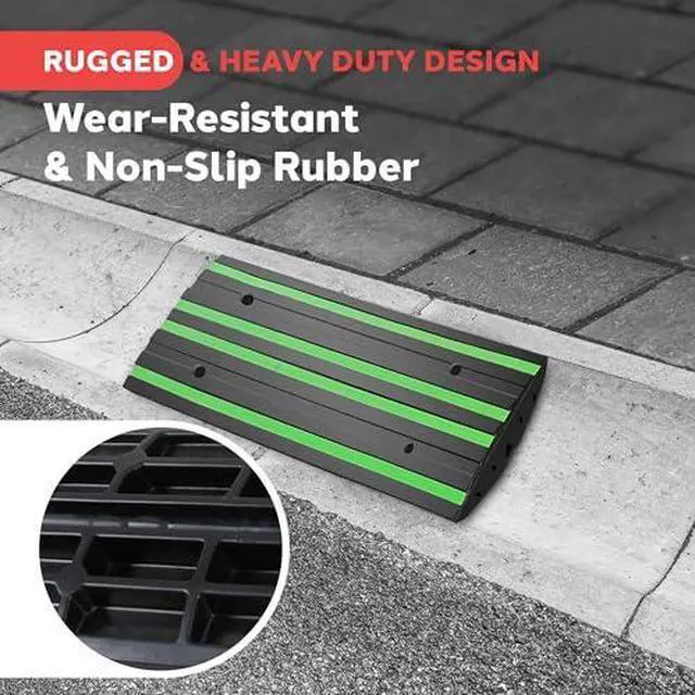 Alt view image 3 of 7 - Pyle 2 Ft. Rubber Threshold Curb Ramp for Driveway - Heavy Duty Non-Slip Ramp for Vehicles - Green Reflective Strip, Marine Grade Waterproof, Ideal for Driveways & Sidewalks, 24.0"x16.0"x2.6" Inches