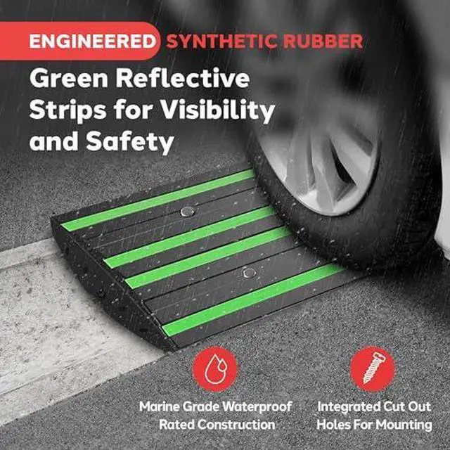 Alt view image 2 of 7 - Pyle 2 Ft. Rubber Threshold Curb Ramp for Driveway - Heavy Duty Non-Slip Ramp for Vehicles - Green Reflective Strip, Marine Grade Waterproof, Ideal for Driveways & Sidewalks, 24.0"x16.0"x2.6" Inches
