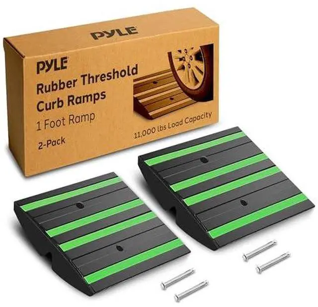 Main image of Pyle 1 Ft. Rubber Threshold Curb Ramp - Heavy Duty Non-Slip Rubber, Easy Mounting with Expansion Screws, Green Reflective Strips - Ideal for Driveways, Sidewalks, and Vehicle Ramps - 12.0"x16.0"x 2.6"
