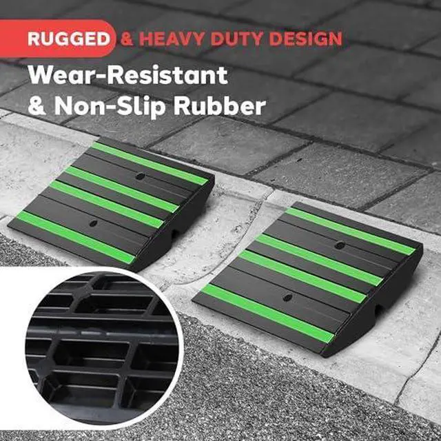 Alt view image 3 of 7 - Pyle 1 Ft. Rubber Threshold Curb Ramp - Heavy Duty Non-Slip Rubber, Easy Mounting with Expansion Screws, Green Reflective Strips - Ideal for Driveways, Sidewalks, and Vehicle Ramps - 12.0"x16.0"x 2.6"