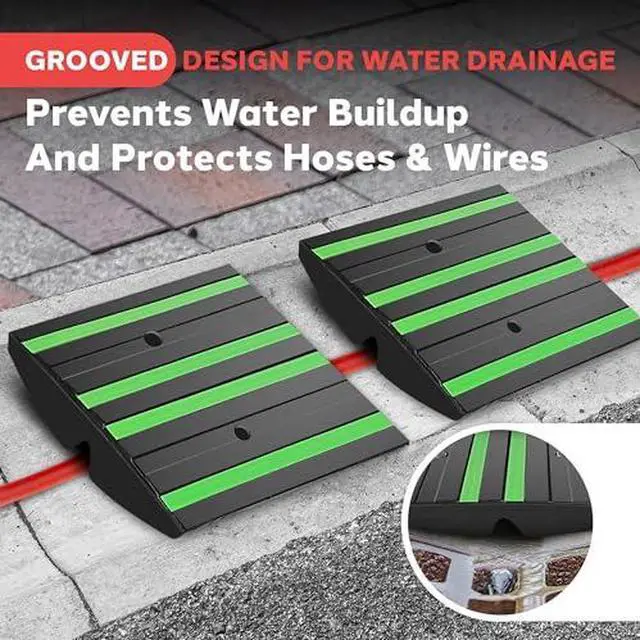 Alt view image 6 of 7 - Pyle 1 Ft. Rubber Threshold Curb Ramp - Heavy Duty Non-Slip Rubber, Easy Mounting with Expansion Screws, Green Reflective Strips - Ideal for Driveways, Sidewalks, and Vehicle Ramps - 12.0"x16.0"x 2.6"
