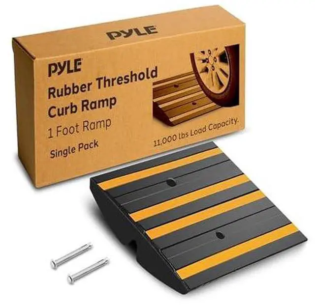 Main image of Pyle Rubber Curb Ramp for Driveway  1 Ft. Heavy Duty Non-Slip Waterproof Vehicle Ramp with Yellow Reflective Safety Strips, Supports up to 11,000 lbs, Includes Expansion Screws for Indoor/Outdoor Use