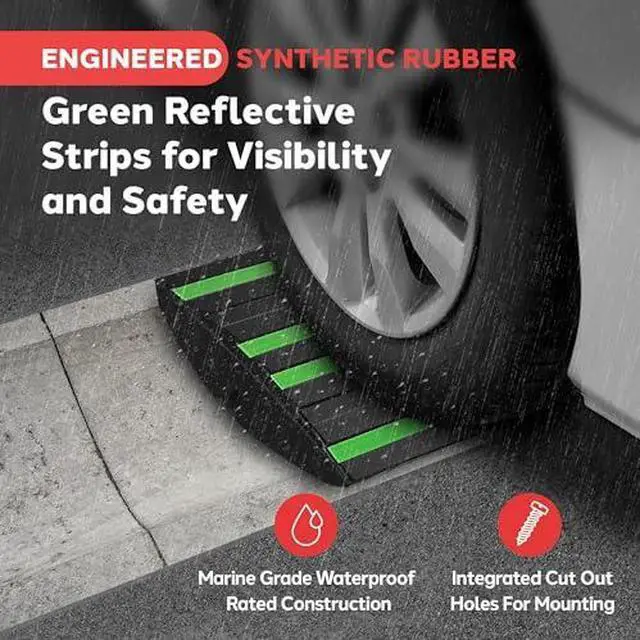 Alt view image 2 of 7 - Pyle 1 Ft. Rubber Threshold Curb Ramp - Heavy Duty Non-Slip Rubber, Easy Mounting with Expansion Screws, Green Reflective Strips - Ideal for Driveways, Sidewalks, and Vehicle Ramps - 12.0"x16.0"x 2.6"