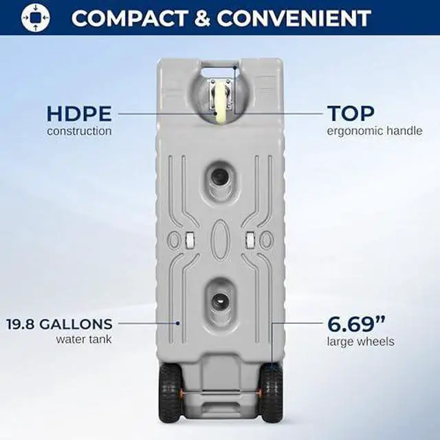 Alt view image 5 of 6 - SereneLife 19.8 Gallon / 75 Liter RV Portable Water Tank with Metal Handle, Large Wheels, Level Indicator, Rotating Empty Spout, Fast Emptying, Camping Container for Freshwater or Sewage Storage