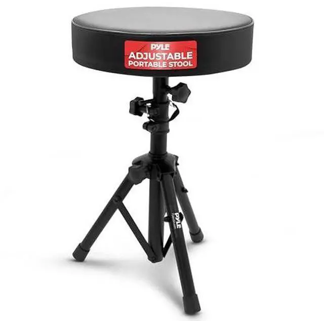 Main image of Pyle Drum Throne, Rotatable Padded Seat, Adjustable Height, Foldable Design, Solid Steel Legs, Non-Slip Rubber Feet, Musicians & Drummers, Assembly Required, Supports Up to 330 lbs, 0 lbs Weight