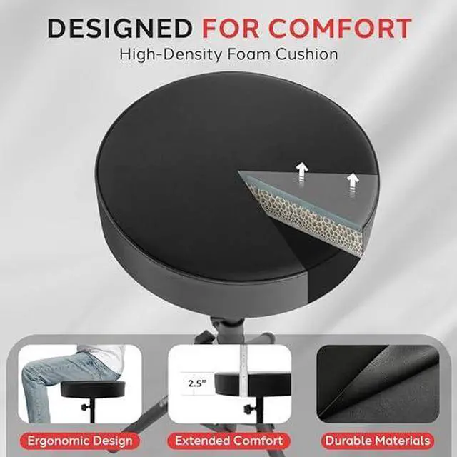 Alt view image 3 of 7 - Pyle Drum Throne, Rotatable Padded Seat, Adjustable Height, Foldable Design, Solid Steel Legs, Non-Slip Rubber Feet, Musicians & Drummers, Assembly Required, Supports Up to 330 lbs, 0 lbs Weight